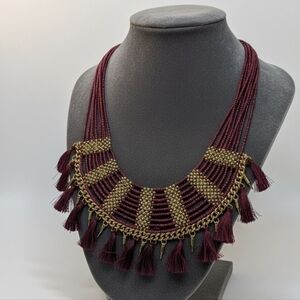 Handmade Maroon & Gold Woven Bib Choker - Bohemian Tassel Statement Piece